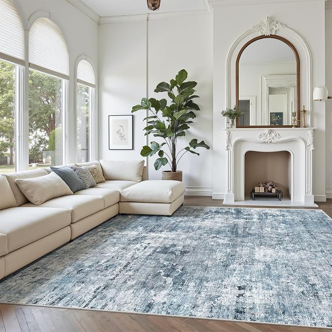 Soalmost Abstract 7x10 Area Rug for Living Room Washable Rugs Blue/Grey | Non-Slip Low-Pile Carpet for Dining Bedroom, Foldable Thin Vintage Stain Resistant Floor Mat Under Table Home Office Nursery