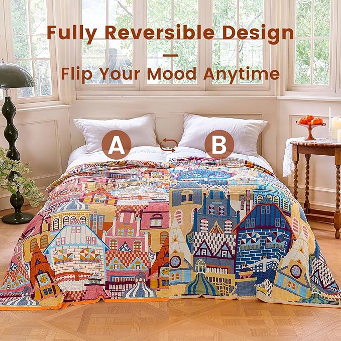 MSGKV Roman Castle Cotton Throw Blanket 50"x60" Art Woven Cotton Throw | Roman Castle Pattern, Muslin Throw, Art Woven Design, Lightweight Comfort, Decorative Home Accent, All Season Use