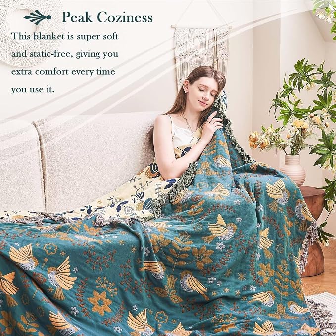 XIBLC Boho Throw Blanket, 100% Cotton Ultra Soft Luxury Throw Rustic Quilt, 80"x90" Floral Printed Farmhouse Decor Bed Summer Blankets, All Season Rustic Reversible Bohemian Throw for Bed - Blue