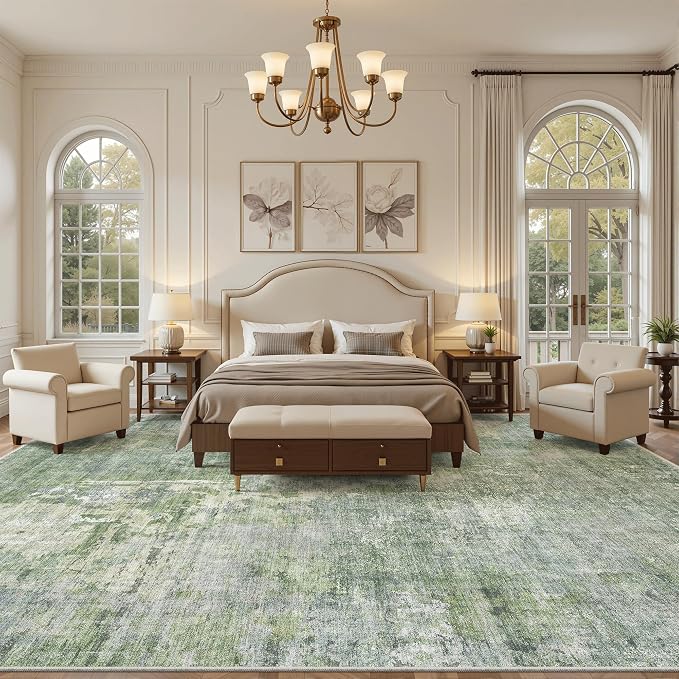 Soalmost 10x14 Area Rugs for Living Room Washable Rug Abstract Green/Ivory | Non-Slip Large Modern Carpet for Dining Bedroom, Soft Low Pile Lightweight Foldable Floor Mat Nursery Home Office Decor
