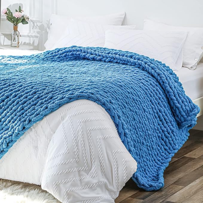 Bigacogo Chunky Knit Throw Blanket for Couch, 40x80 inches, Bright Blue | Hand Knit with Jumbo Chenille, Soft Breathable Cable Knit for Sofa Bed Living Room, Machine Washable, Gift for Mom Friend