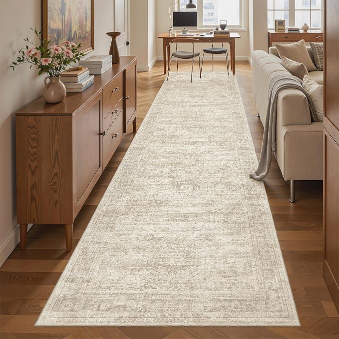 Soalmost Hallway Runner Rug 2'6"x10' Non-Slip Runners for Kitchen Beige | Washable Vintage Long Rugs 2.5x10ft Bathroom, Thin Low Pile Foldable 10ft Floor Carpet Mat for Entryway Corridor Bedroom