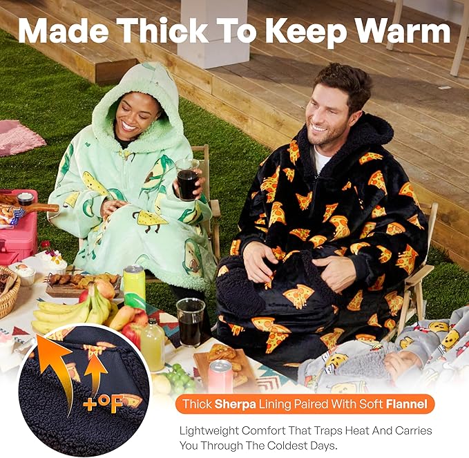 Giggling Getup Wearable Blanket Hoodie for Adults Gifts for Teen Girls Sister Women Sherpa Fleece Printed Hooded Blanket Sweatshirt Warm Cozy with Pocket & Sleeves Black Pizza