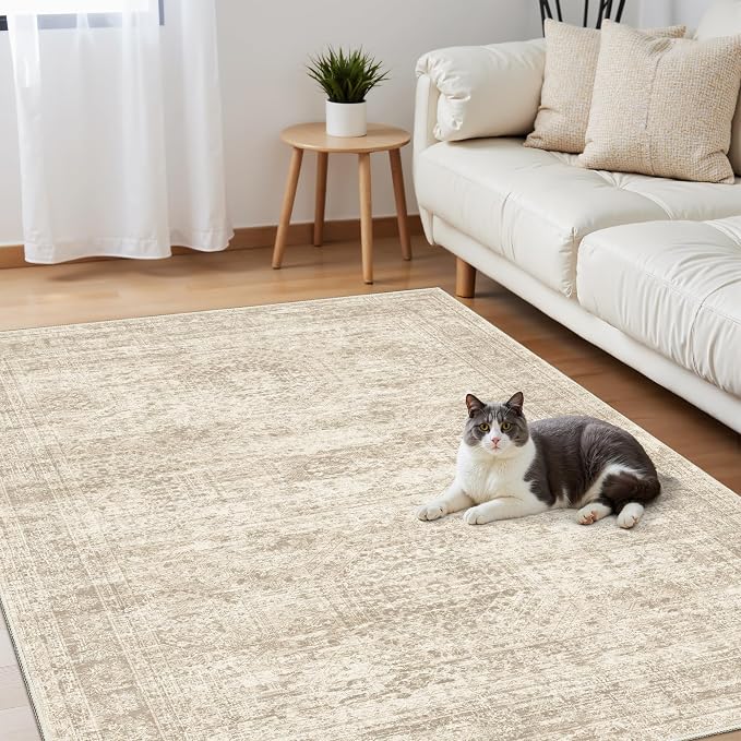 Soalmost 3x5 Rugs Non-Slip, Small Washable Kitchen Entryway Area Rug Beige | Vintage Low Pile Carpet for Nursery Coffee Table Bathroom, Foldable Stain Resistant Indoor Door Mat Entrance Powder Room