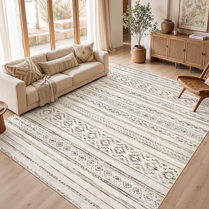 cotiled 8x10 Area Rugs Living Room Rug: Washable Boho Rugs with Non Slip Backing Large Soft Indoor Stain Resistant Carpet for Bedroom Farmhouse Dining Room Lightweight Home Decor Cream Brown