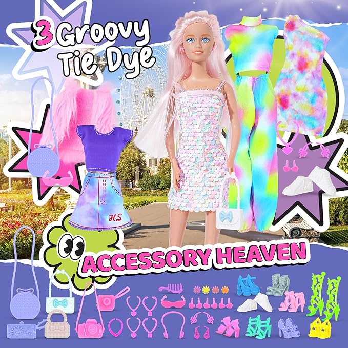 54 Pcs, 11.5 inch Doll Included, Extra Trendy Doll Clothes & Accessories Set | Girls Gift for Ages 5-7, Kids Toys for 3, 4, 5, 6, 7, 8 Year Old Birthdays or Any Occasion