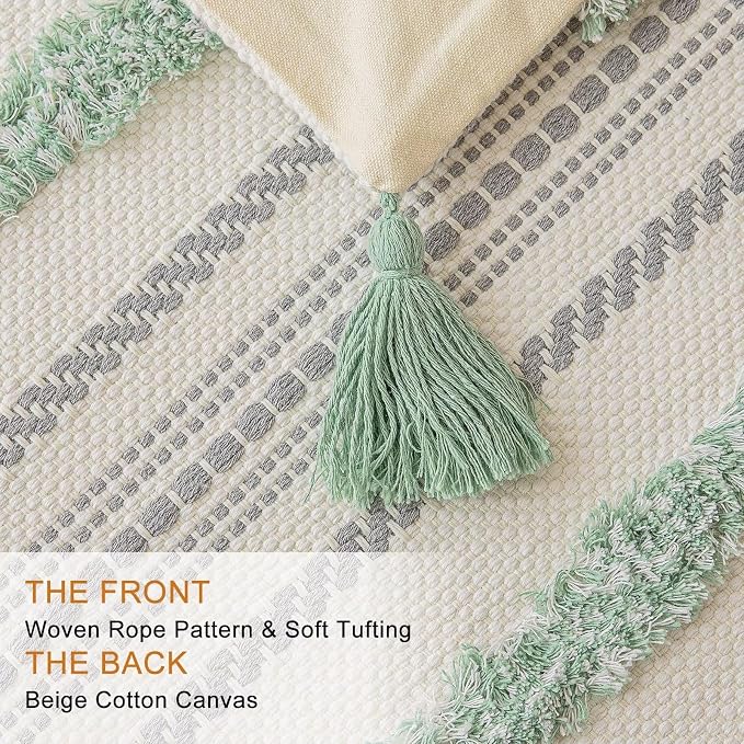 BUIOVBEY Boho Throw Pillow Covers Woven Tufted Pillow Cases with Tassels | Farmhouse Pillow Covers 18x18 Set of 2 Textured Striped Cushion Case Neutral Decorative Pillowcase for Sofa Couch Light Green