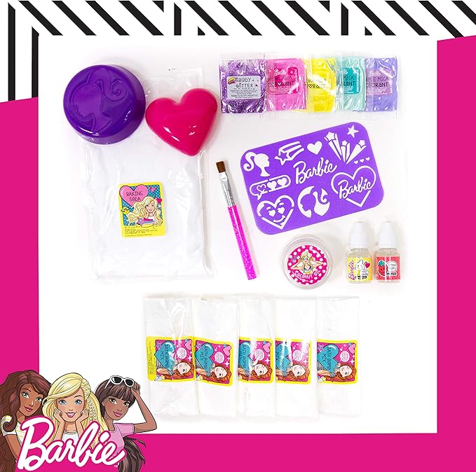 Barbie Make Your Own Bath Bomb Kit by Horizon Group USA, DIY Four Custom Colorful & Sweet-Smelling Bath Bombs, Includes Stencil, Glitter, Molds, Fragrances & More, Pink, Yellow, Teal & Purple