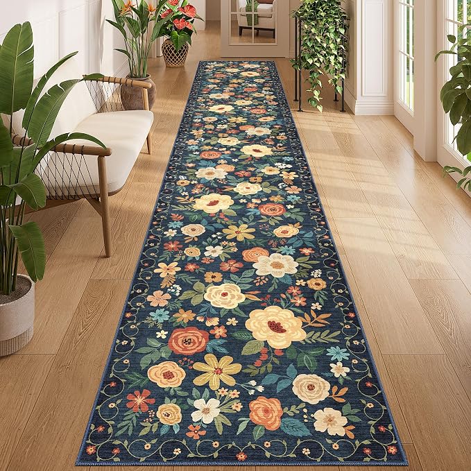 DUKINO 2x12 Washable Runner Rug, Non Slip Long Kitchen Rugs, Navy Blue | Floral, Low Pile, Soft Indoor Rug Runner for Hallway, Entryway, Bedroom, Bathroom, Laundry, Pet Friendly, Modern Home Decor