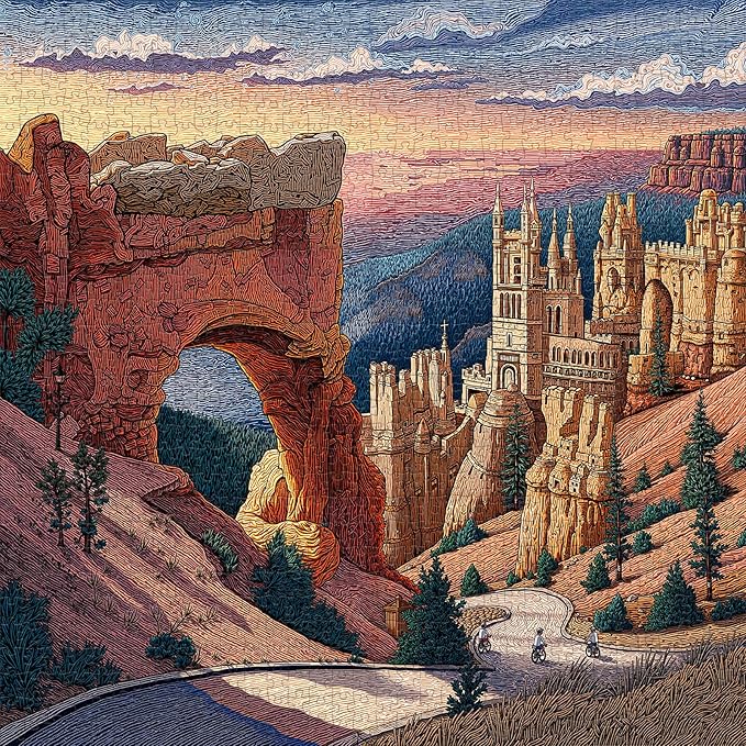 1000 Piece Jigsaw Puzzle for Adults, Cityscape Jigsaw Puzzle, Utah Arches Fantasy Castle Landscape with Bikers, 1000 Piece Challenging Art Puzzle, 22.5 x 22.5 in
