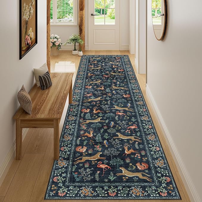 DUKINO 2.6x10 Washable Runner Rug Non Slip Animal Rug for Hallway Navy Blue | Soft, Low Pile, Non-Shedding Indoor Carpet Runner for Entryway, Kitchen, Bedroom, Bathroom, Pet Friendly, Stain Resistant