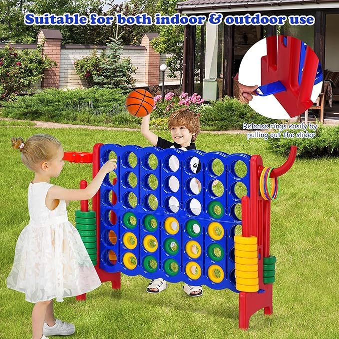 Costzon Giant 4-in-A-Row, Jumbo 4-to-Score Giant Game w/Basketball Hoop, Ring Toss, Quick-Release Slider, 42 Jumbo Rings, Indoor Outdoor Family Connect Game for Kids & Adults, Backyard Games, Red