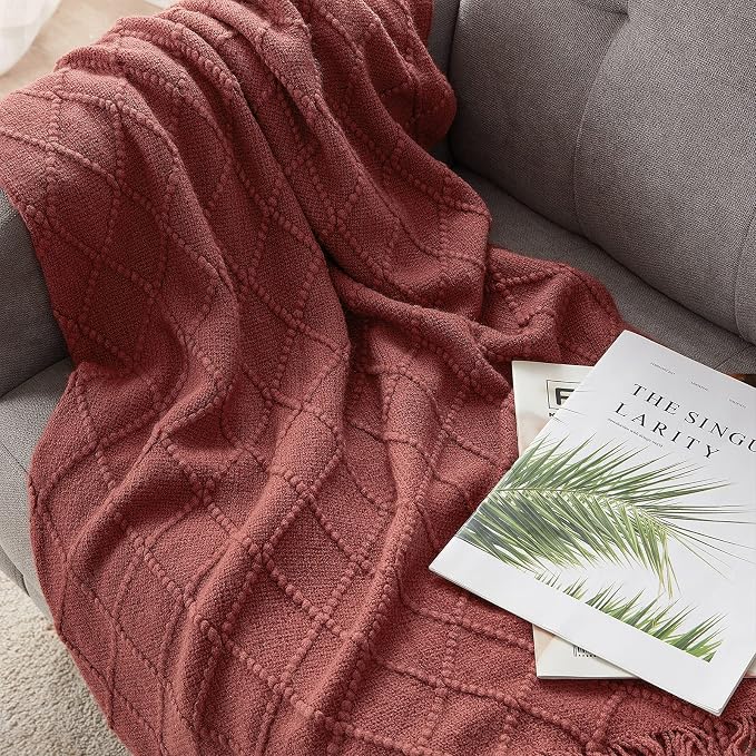 BOURINA Burgundy Throw Blanket 50x60 Inch Knitted Soft Throw Sofa Blanket | Knitted Throw Blanket 50x60 Inches, Soft Lightweight Boho Weave Throw Decorative Couch Blanket for Living Room Bedroom Chair