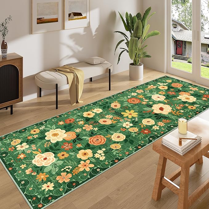 DUKINO 3x8 Kitchen Runner Rug, Washable Rug for Hallway Non Slip Dark Green | Soft, Low Pile, Floral Indoor Carpet Runner for Hallway, Entryway, Bedroom, Bathroom, Laundry, Pet Friendly, Home Decor