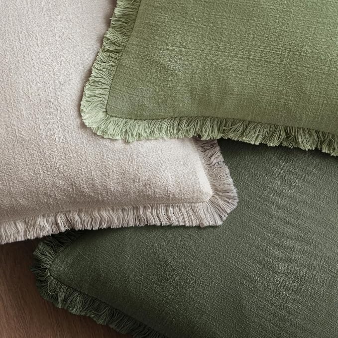 MIULEE Boho Linen Fringe Decorative Throw Pillow Covers Rifle Green 18x18 | Set of 2, Cottagecore Decor, Boho Farmhouse Neutral Pillow Covers, Rustic Couch Cushion Cases for Sofa Bed Living Room