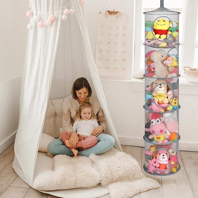 2Pcs Hanging Mesh Space Saver Bags Organizer, Foldable Storage Organizer 5 Compartments Toy Storage Organizer for Kid Room Toys, Gloves,Hats,Socks Storage #Grey