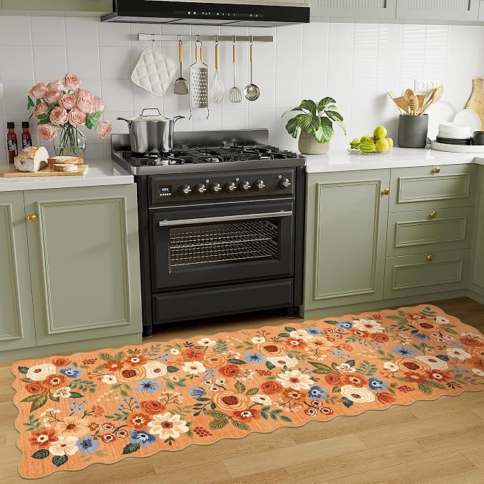 DUKINO 2x6 Runner Rug, Floral Washable Rug for Kitchen Non Slip, Orange | Soft, Low Pile, Non-Shedding Long Runner Rugs for Kitchen, Entryway, Bedroom, Bathroom, Pet Friendly, Home Decor, Ultra-Thin