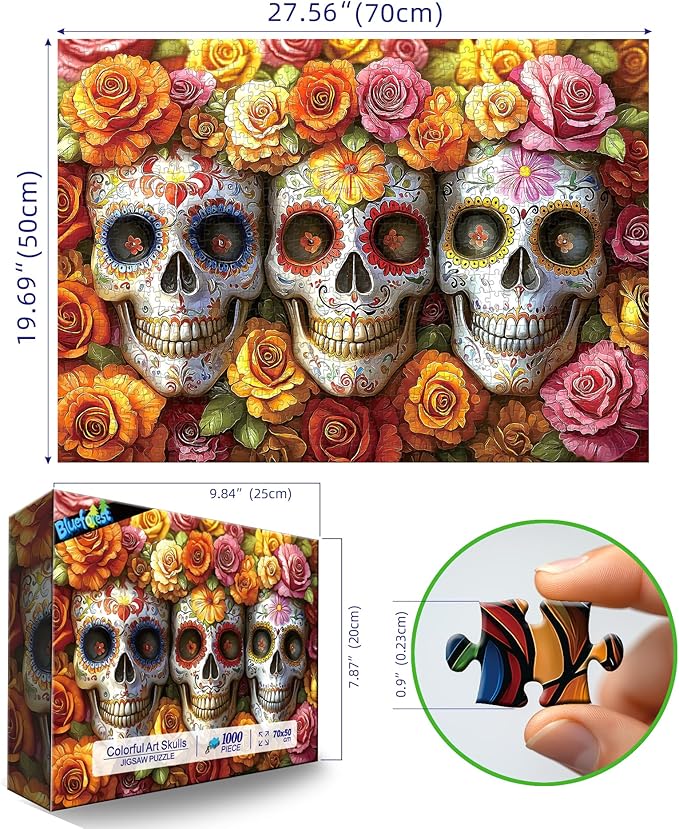 1000 Piece Puzzles for Adults Clearance, Artistic Skull Flower for Adults Puzzle, Mexican Day of The Dead (Dia de Los Muertos) for Gifts Birthday Party Games Family, 27.5" X 19.7" Dust Free