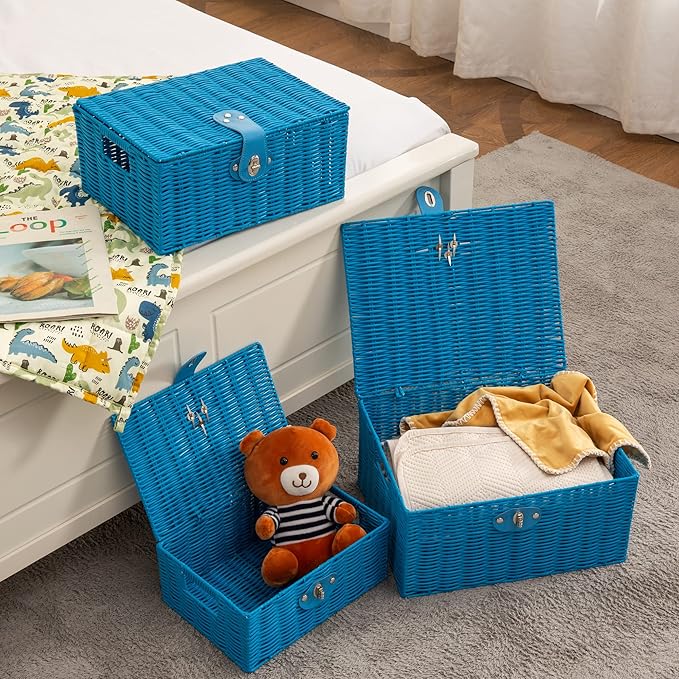 Set of 3 Woven Wicker Storage Basket Box with Lids & Lock, Built-in Carry Handles, Multifunctional Storage Organizer for Nursery, Baby, Clothes, Toys, Books, Large/Medium/Small Size (Blue)