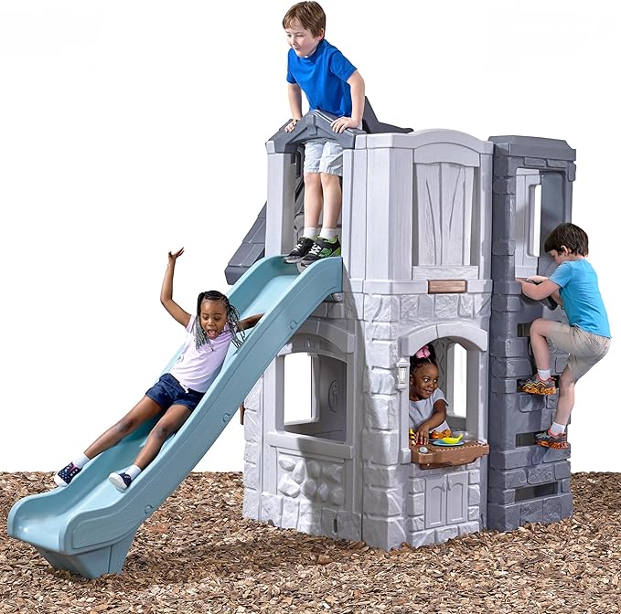 Step2 Enchanting Adventures 2-Story Kids Playhouse, Outdoor Playhouse with Kitchenette & Slide, Rock Climbing Wall, Made of Durable Plastice, For Toddlers 4-8 Years Old