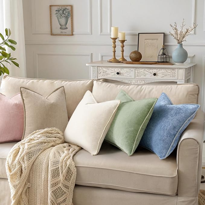 decorUhome Soft Chenille Throw Pillow Covers 20x20 Set of 2 Blue | Fall Textured Decorative Throw Pillow Cases Stitched Edge Modern Farmhouse Luxury Boho Velvet for Couch Sofa Bed Home Decor