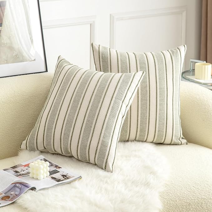 Cethom Decorative Boho Throw Pillow Covers, Farmhouse Textured Pillow Case, 22 x 22 Inch Set of 2, Chair Sofa Bedroom Living Room Home Decor Couch Cushion Case, Olive Green and Beige Striped