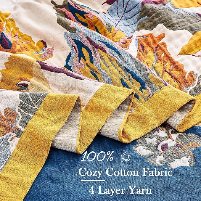XIBLC Boho Throw Blanket, 100% Cotton Ultra Soft Luxury Throw Rustic Quilt, 80"x90" Floral Bird Butterfly Farmhouse Decor Bed Blankets, All Season Rustic Reversible Bohemian Throw for Bed - Yellow