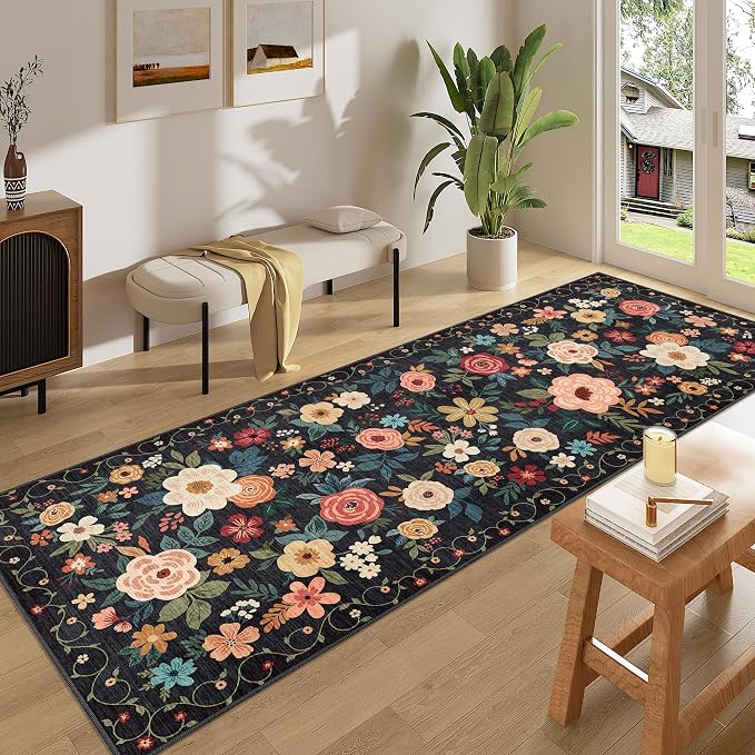 DUKINO 3x8 Kitchen Runner Rug, Washable Rug for Hallway Non Slip, Black | Soft, Low Pile, Floral Indoor Carpet Runner for Hallway, Entryway, Bedroom, Bathroom, Laundry, Pet Friendly, Home Decor