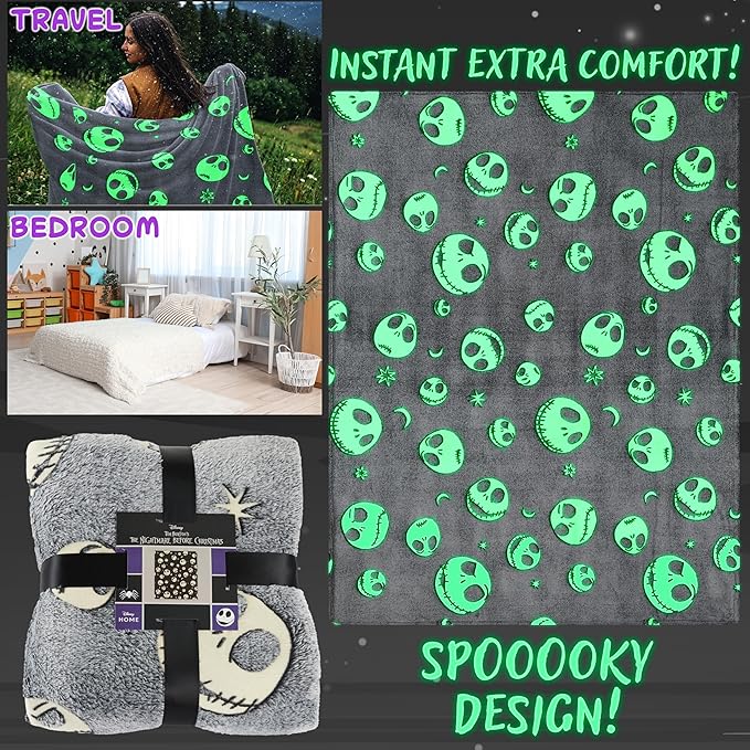 Disney The Nightmare Before Christmas Glow in The Dark Throw Blanket 51x59” for Kids Teens Adults, Soft Fleece Throw Blanket Sofa Bed, Gifts for Kids (Grey TNBC)
