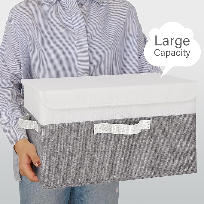 GRANNY SAYS Memory Keepsake Storage Box, Fabric Storage Bins with Lids | Flip-Top Lid, Collapsible, Stackable, 3 Handles, Ideal for Closet Clothes Blanket Toys, Large, White/Gray, 2-Pack
