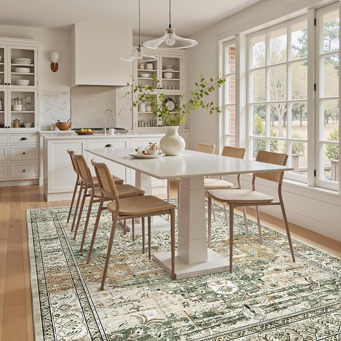 Soalmost 5x7 Area Rug Low Pile Washable Trendy Faded Style Rug, Olive Beige | Vintage Non-Slip Indoor Accent for Bedroom Dining, Foldable Stain Resistant Floor Carpet Mat Under Table Home Office Decor