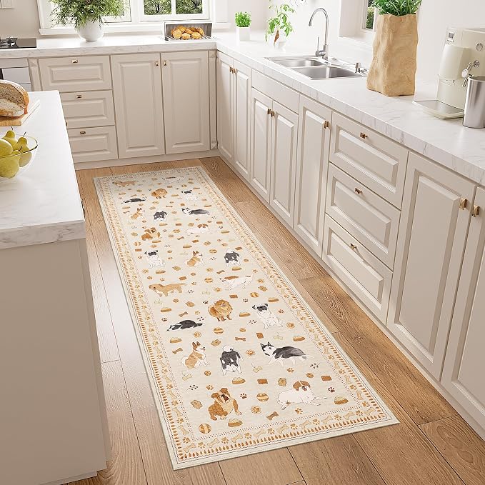 DUKINO 2x6 Kitchen Runner Rug, Washable Soft Non Slip Dog Rug, Beige Yellow | Stain Resistant, Low Pile Non-Shedding Animal Carpet Runner for Hallway Laundry Entryway Bathroom Bedroom, Kid & Pet Friendly