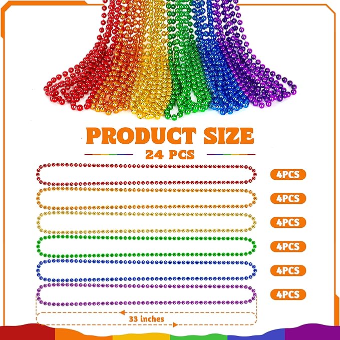 24 PCS Rainbow Beads Necklaces, 33" Round Pride Beaded Bulk, LGBT Colorful Plastic Bead Necklaces, 6 Colors Pride Month Parade Throw Accessories Stuff for Gay Lesbian Party Supplies Decorations