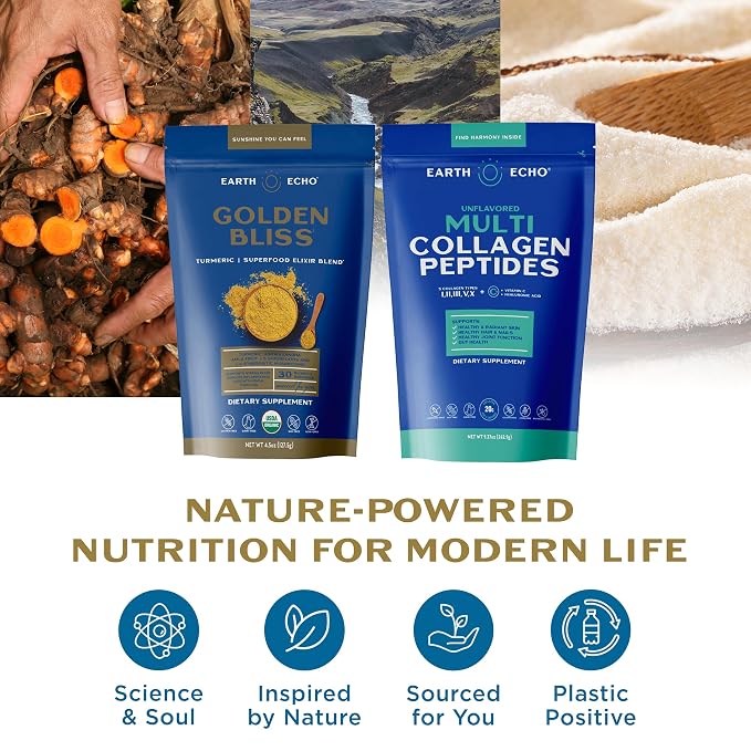 Earth Echo Revitalizing & Nightcap Bundle - Hydrolyzed Collagen with Vitamin C & Hyaluronic Acid for Radiant Skin - Organic Golden Milk Powder with Ginger for Restful Sleep - 1 Pack Each