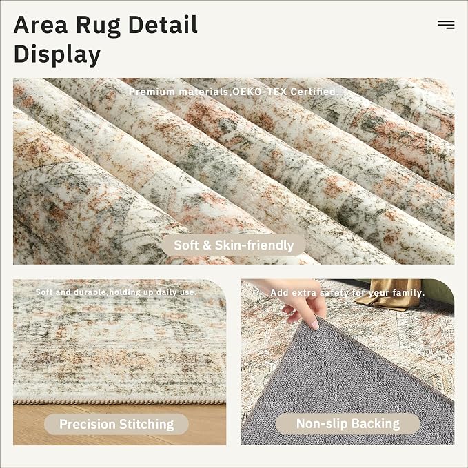 Soalmost 10x14 Area Rugs for Living Room Washable Rug Non-Slip Brown/Pink | Large Vintage Stain Resistant Carpet for Dining Bedroom, Low Pile Lightweight Foldable Floor Mat Nursery Home Office Decor