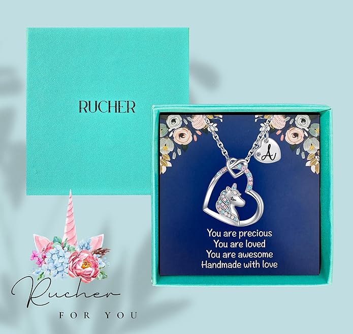 Valentines Day Gifts for Kids Girls - Unicorn Necklace for Girls with Initial Heart Pendant & Gift Box, 18K Gold Fashion Kids Jewelry, Colorful Heart Necklace for Birthdays & Costume Parties.