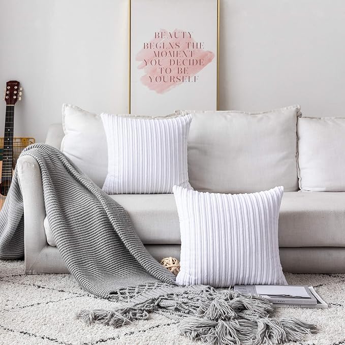 UGASA Pack of 2, Velvet Pillow Covers Striped, Decorative Throw Cushion Case with Hidden Zipper for Home Couch/Bedroom/Car, Soft Cozy Solid Square (18"x18", Pure White)