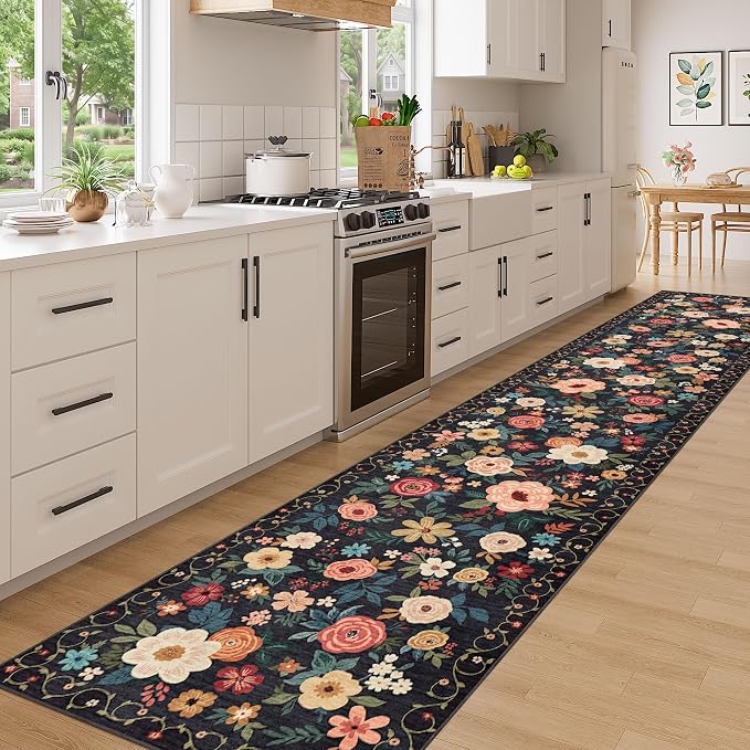 DUKINO 3x16 Runner Rug for Hallway, Non Slip Long Washable Rug, Black | Non Slip, Low Pile, Soft Floral Indoor Runner Rug for Kitchen, Entryway, Bedroom, Bathroom, Pet Friendly, Modern Home Decor