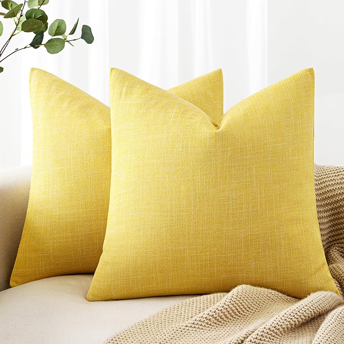 MIULEE Pack of 2 Linen Textured Pillow Covers, 18x18 Inch Yellow | Decorative Burlap Throw Pillowcases, Boho Farmhouse Accent Home Decor for Sofa Couch Bedroom Living Room