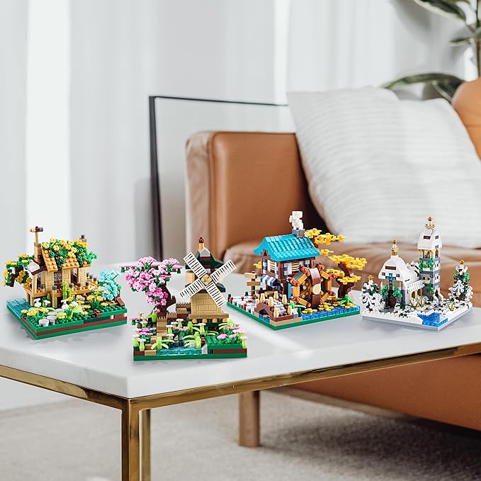Four Seasons Flower House Plant Series 4 Miniature Building Blocks Set, Creative Tree House Flower and Plant Model DIY Gifts for Girls, Kids and Adults