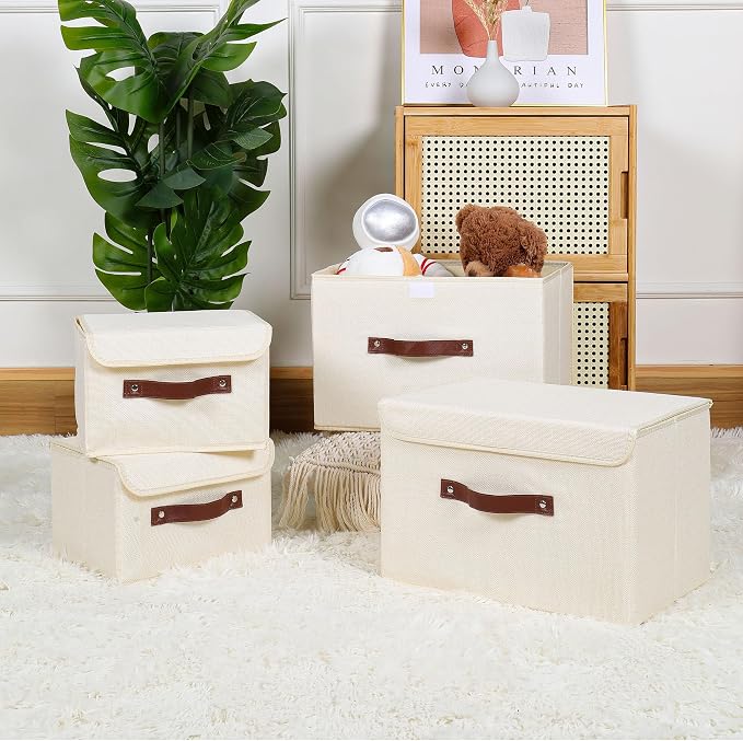 ANMINY Fabric Storage Box Bins with Lids, Beige, 13"x9"x7.9", 2 Pack | Keepsake Memory Storage, Cotton Linen, PP Board Reinforced, Washable, PU Handles, Foldable & Stackable, Decorative, Medium