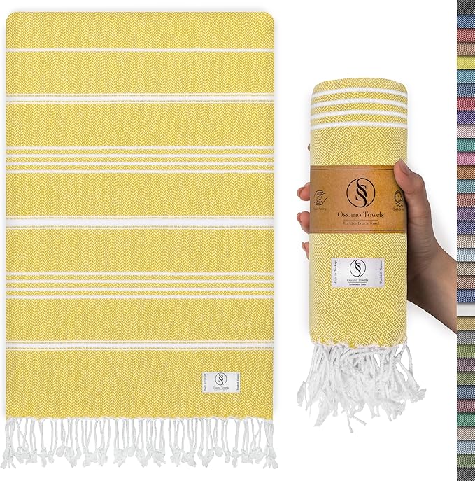 Ossano Turkish Beach Towel Quick Dry & Absorbent Oversized (39" x 71") - Compact, Versatile and Functional as Yoga Mat, Picnic Blanket, Travel Blanket, Bath, Camp and Shower Towel - Yellow