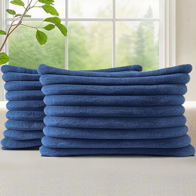 decorUhome Fall Faux Fur Throw Pillow Covers 12x20 Set of 2 Navy Blue | Decorative Soft Cozy Striped Plush Modern Farmhouse Boho Couch Pillow Cases Velvet Back for Sofa Bed Living Room Home Decor