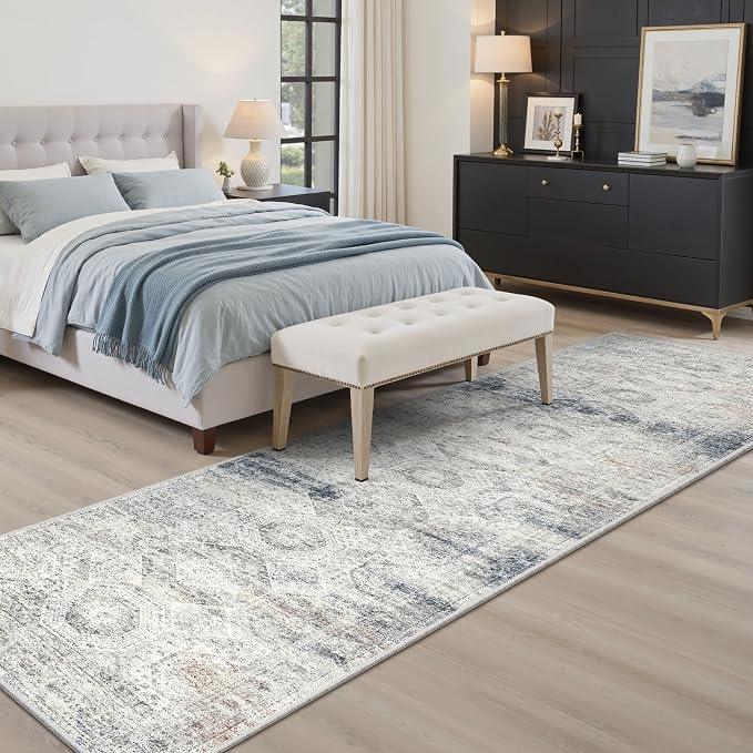 Soalmost Runner Rug 2x8 Washable Hallway Kitchen Runners Blue/Ivory | Non-Slip Vintage Rugs for Bathroom Laundry Room, Soft Low Pile Foldable Floor Carpet Mat for Entryway Corridor Bedroom
