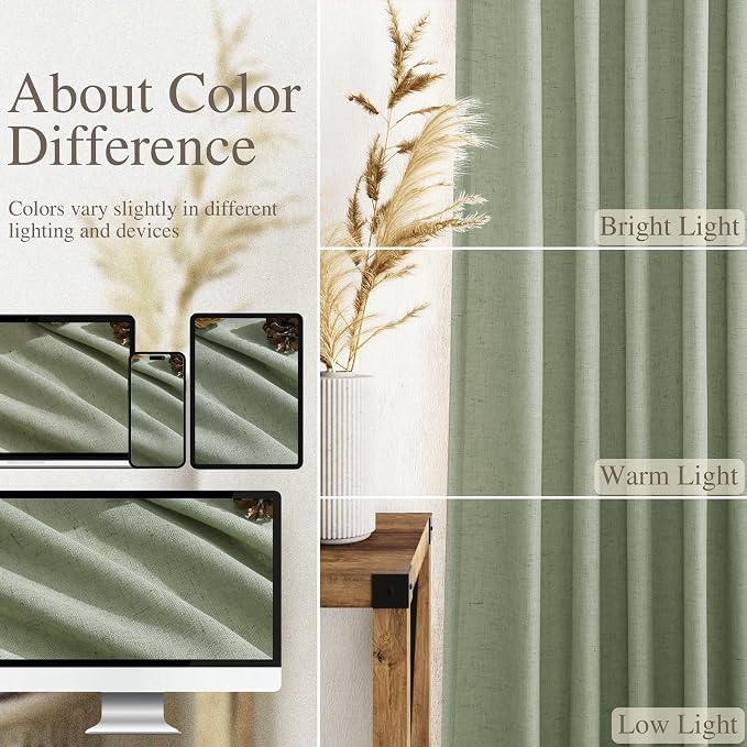 Extra Long Light Sage Linen Curtains 120 Inch for Living Room 2 Panels Set Rod Pocket Back Tab Soft Linen Window Drapes Semi Sheer Light Filtering Privacy High Ceiling Drapes for Farmhouse 52x120
