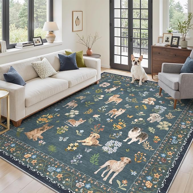 Soalmost Dog 5x7 Area Rugs for Living Room, Washable Soft Rug Navy Blue | Floral Vintage Non-Slip Low Pile Cute Animal Throw Rugs for Kitchen Dining Room Bedroom Nursery Playroom 5' x 7'