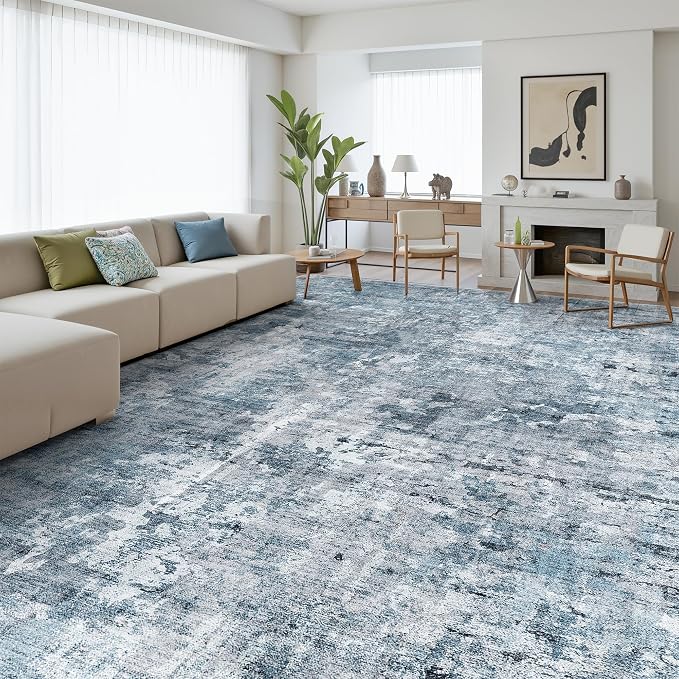 Soalmost 12x15 Washable Area Rugs Soft Living Room Rug Abstract Blue/Grey | Large Modern Carpet Non-Slip for Dining Bedroom, Low Pile Thin Stain Resistant Foldable Indoor Floor Mat Home Office Decor