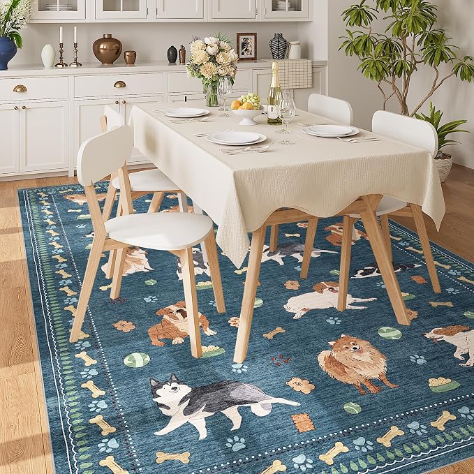 DUKINO 6x9 Washable Dog Area Rug for Living Room Non Slip, Blue | Non-Shedding, Stain Resistant, Soft Animal Carpet for Bedroom Kids Playroom Nursery Dining Room Farmhouse, Pet & Kid Friendly