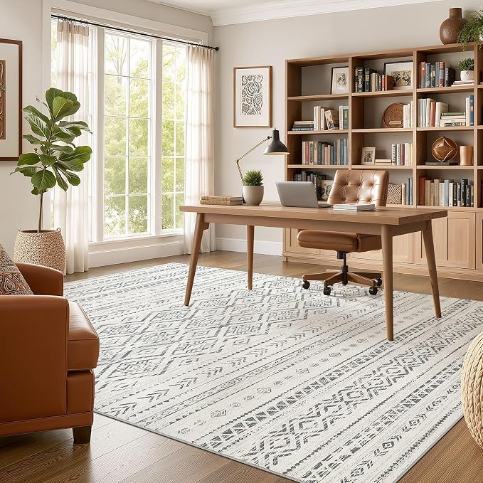 Nakagishi Area Rug Living Room Rugs: 7x9 Large Soft Machine Washable Boho Moroccan FarmNeutral Stain Resistant Indoor Floor Carpet for Bedroom Under Dining Table Home Office Decor-Grey