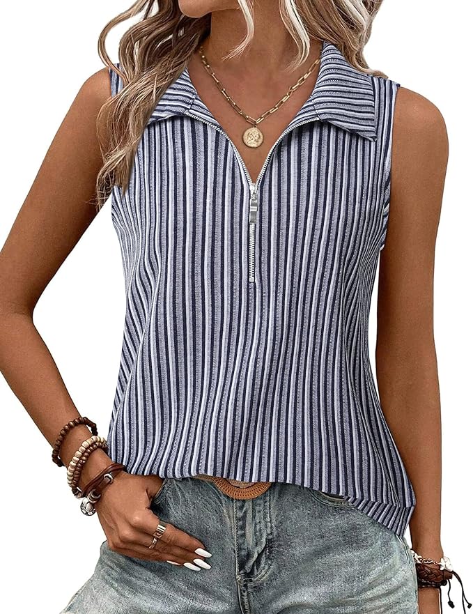 Vivilli Womens Ribbed Tank Top Zipper V Neck Dressy Casual Blouses Sleeveless Camisole Tops Work Tank Polo Shirts